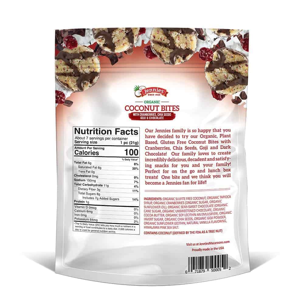 Jennies Organic Coconut Bites with Cranberries & Chocolate, Gluten Free, 5.25oz (2 Pack)