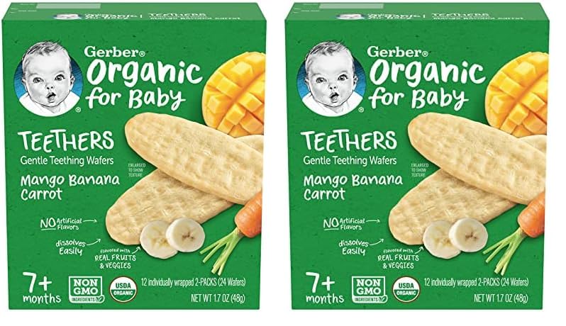 Gerber Snacks For Baby Teethers, Organic Gentle Teething Wafers, Mango Banana Carrot, 1.7 Ounce, 12 Count Box (Pack Of 2)