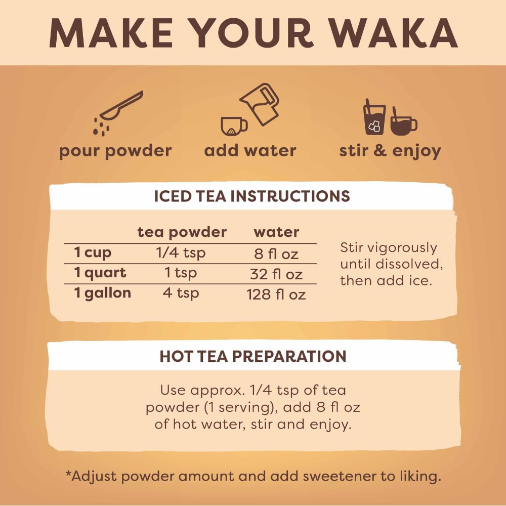 Waka Instant Green Tea Mix, Peach Flavored - 100% Tea Leaves, No Additives, Unsweetened Sample/Travel Size Tea Powder - Easy Qui