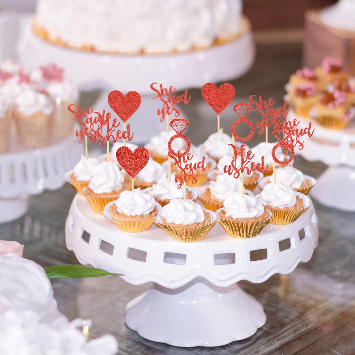 Donoter 24 Pieces Red Glitter Engagement Cupcake Toppers He Asked She Said Yes Diamond Ring Heart Cupcake Picks For Wedding Brid