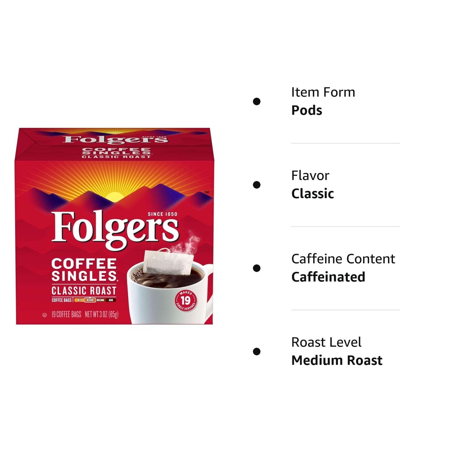 Folgers Coffee Singles Classic Roast Medium Roast Coffee, 19 Count (Pack of 12)