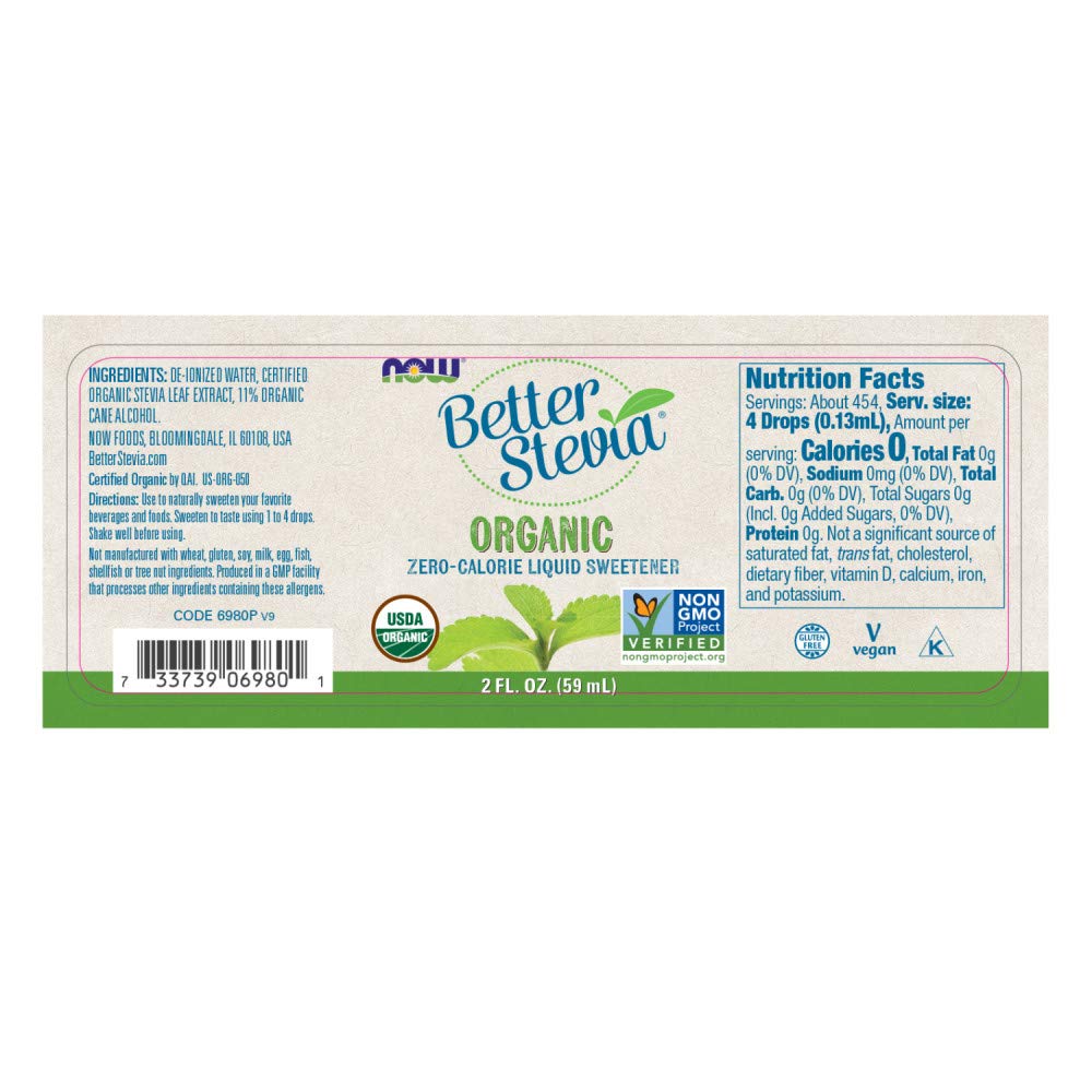 NOW Foods, Certified Organic BetterStevia Liquid, Zero-Calorie Liquid Sweetener, Low Glycemic Impact, Certified Non-GMO, 2-Ounce