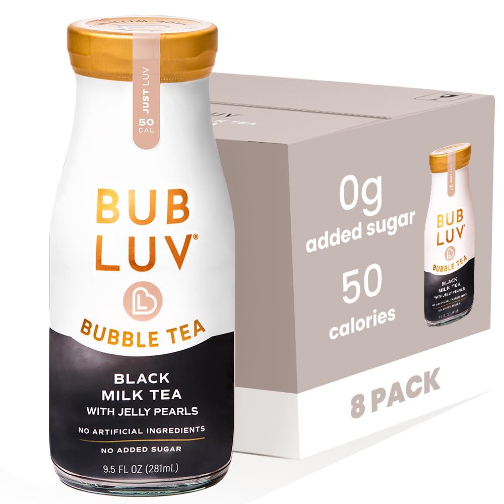 BUBLUV Low Sugar Bubble Tea - Black Milk Tea with Low-Carb Jelly Pearls - Ready-to-Drink Zero Sugar Boba Tea in a Glass Bottle, 