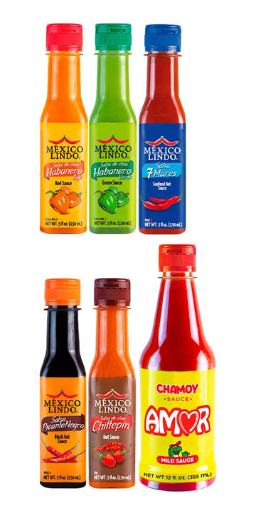 Mexico Lindo Hot Sauce Variety Pack | Includes 1 Amor Chamoy Sauce & 5 Mexico Lindo Hot Sauces | 6 Different Flavors To Choose | 37 Total Fl Oz (Pack Of 6)