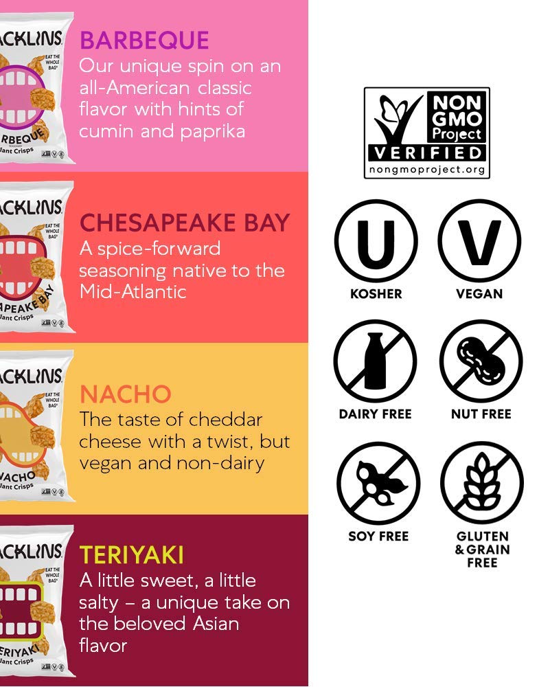 SNACKLINS Plant Based Crisps Variety Pack - Nacho, BBQ, Teriyaki, Chesapeake Bay - Gluten Free, Vegan - 0.9oz Bag (Case of 48)