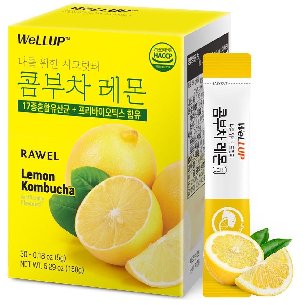 ?30 Sticks l Rawel Kombucha Tea Powdered Drink Mix Probiotics & Prebiotics - Sugar Free and Fat Free (Lemon)