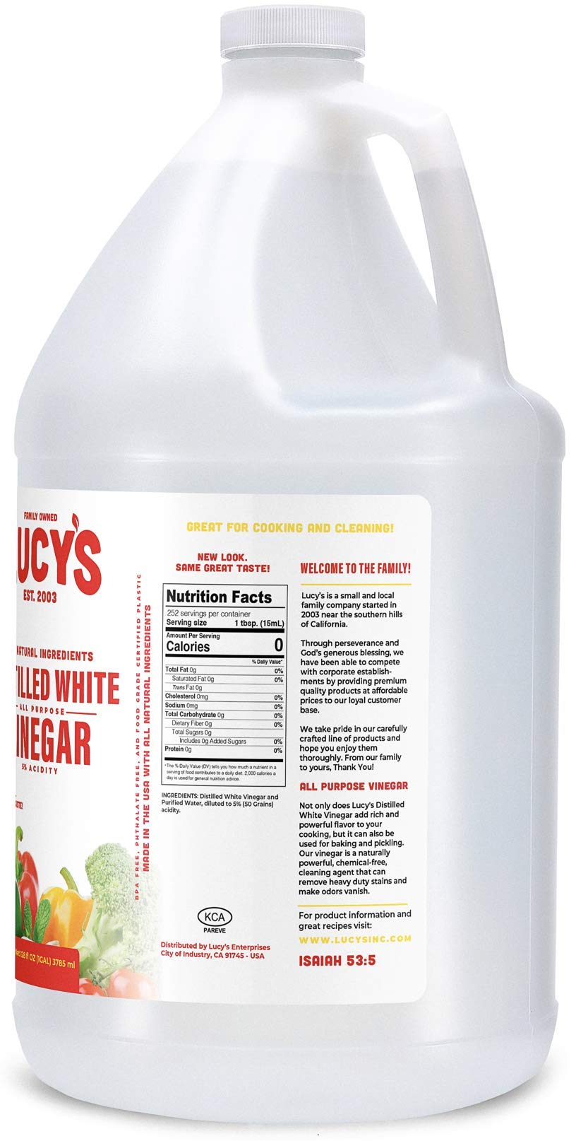 Lucys Family Owned - Natural Distilled White Vinegar, 1 Gallon (128 oz) - 5% Acidity (White Vinegar, 1 Gallon (128 fl oz.))