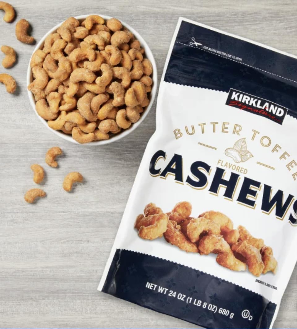 Kirkland Butter Toffee Cashews 24 Oz with MORALZA Silicone Collapsible Cup 200ml - Perfect Snack Bundle for Nut Lovers
