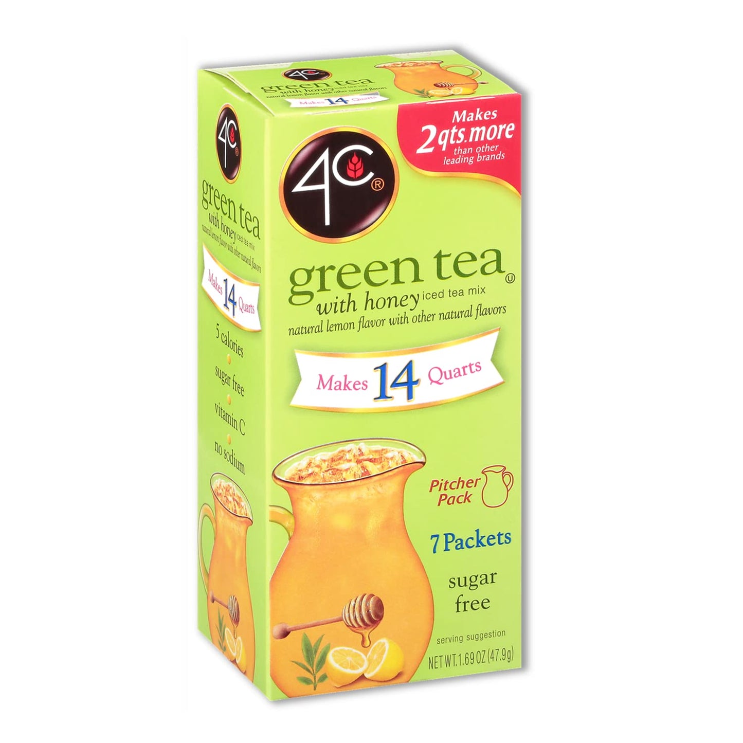 4C Green Tea Pitcher Packs, 8 Pack Sugar Free Drink Mix, Makes 14 Quarts, Refreshing Water Flavoring, 2 Quarts Each Packet
