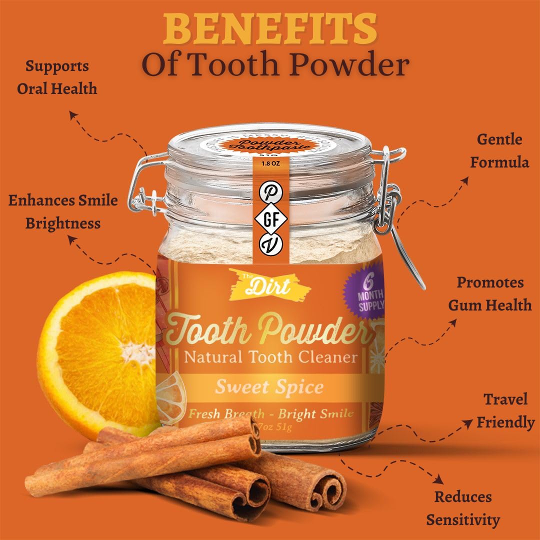 The Dirt Tooth Powder - Natural Fluoride-Free Toothpaste Alternative, Vegan - Essential Oils & Bentonite Clay (Sweet Spice, 51G: