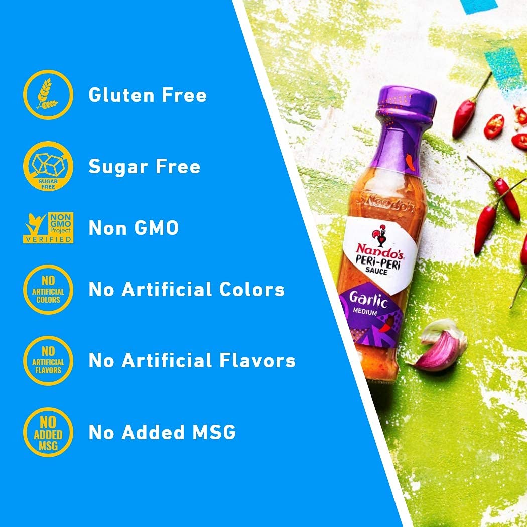 Nandos PERi PERi Garlic Sauce - Spicy Sauces, Seasoning or Marinade for Wings, Meat, Fish or Veg - Non-GMO, No MSG, Gluten Free