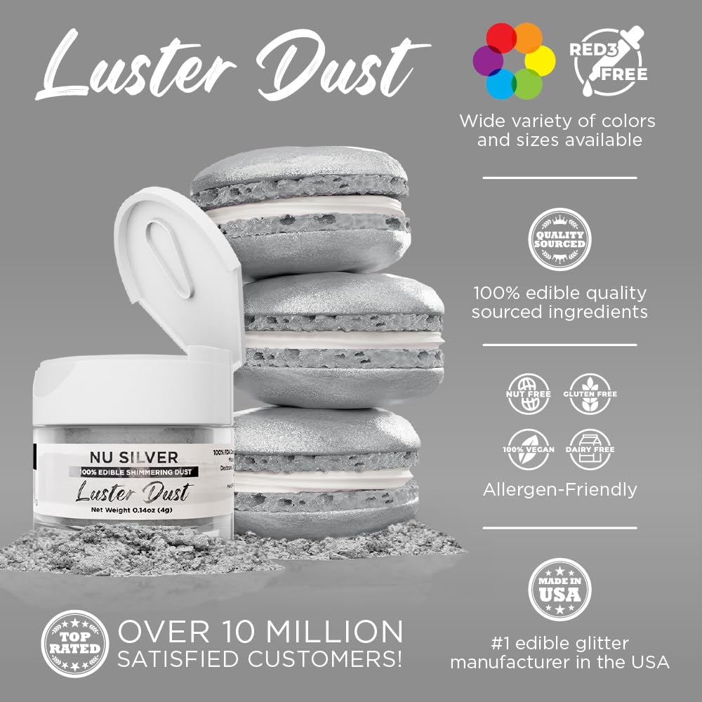 Bakell Edible Luster Dust | Nu Silver | 4g | Food Grade & Kosher | Model FLD112