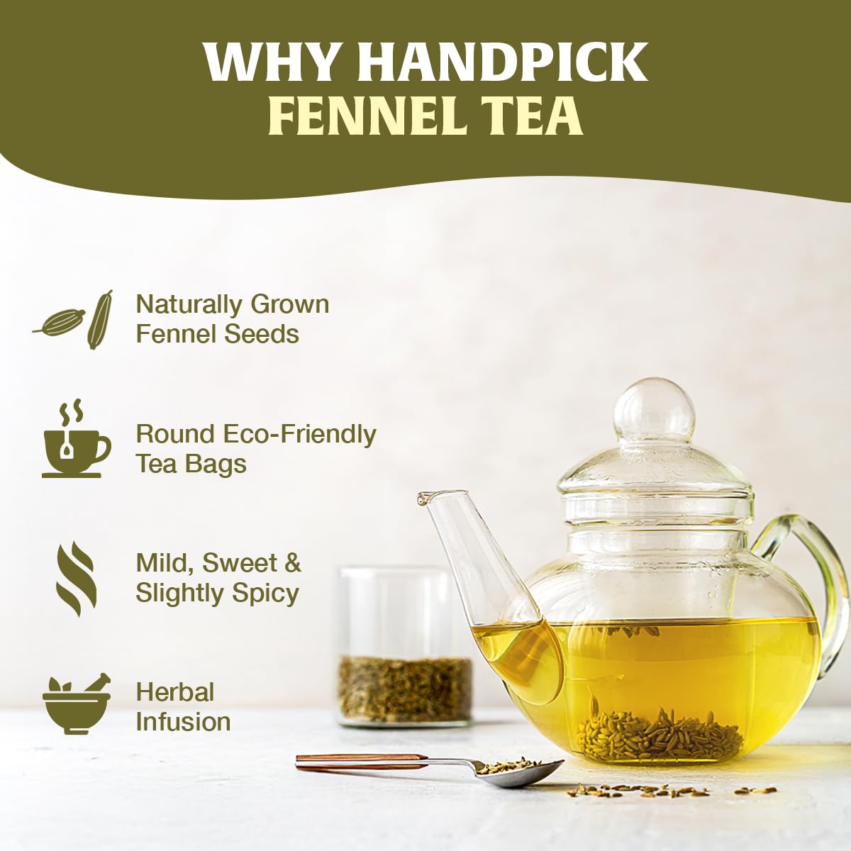 HANDPICK Fennel Tea Bags - 100 Caffeine Free Herbal Tea Bags, Made from 100% Natural Whole Fennel Seeds, Premium Quality, Sweet Taste & Aroma