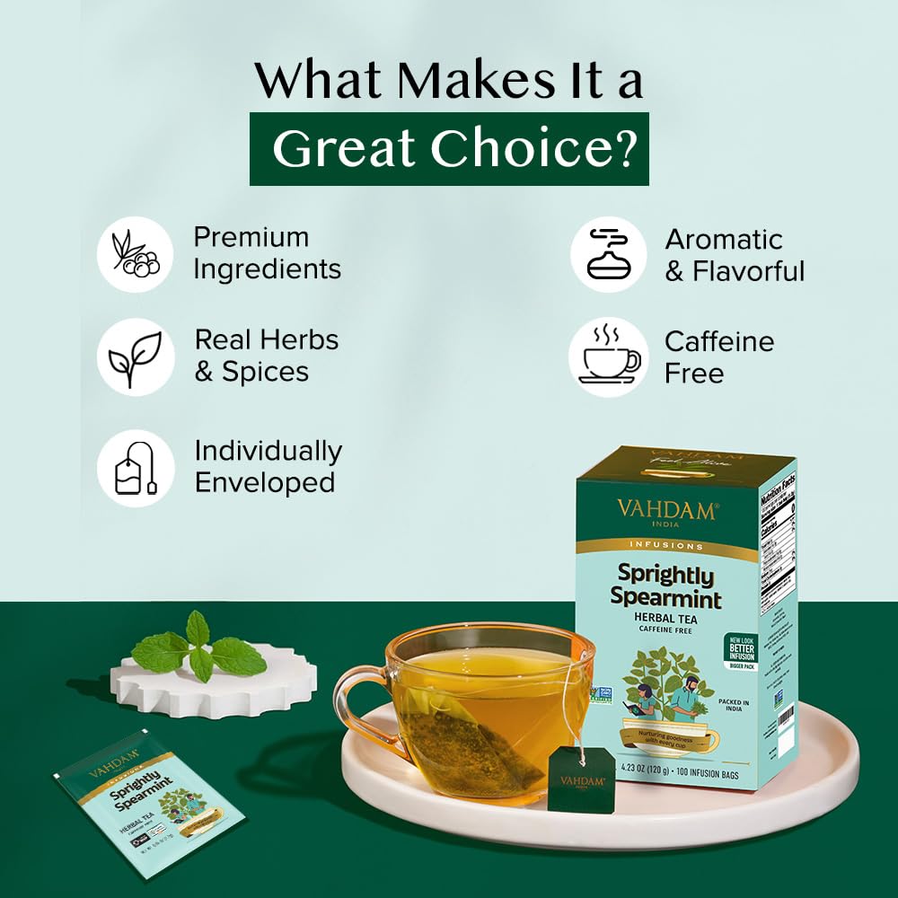 VAHDAM Spearmint Herbal Tea Bags, Caffeine Free, 100 Count, Eco-Friendly Individually Wrapped