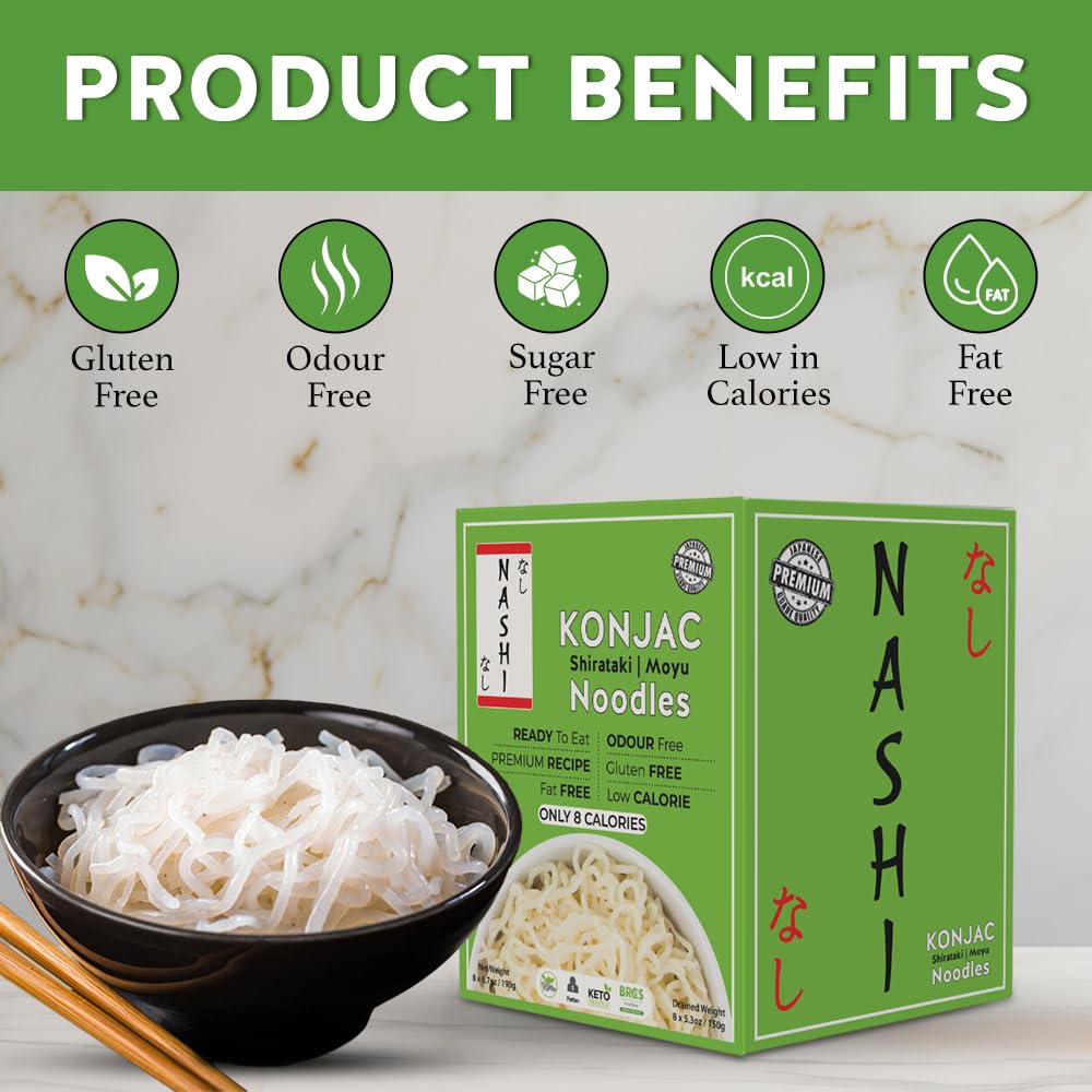 Nashi Shirataki Konjac Premium Noodles - Low Fat, Glucomannan Premium Recipe, Keto Friendly, Suitable For Vegan, Odour Free Low