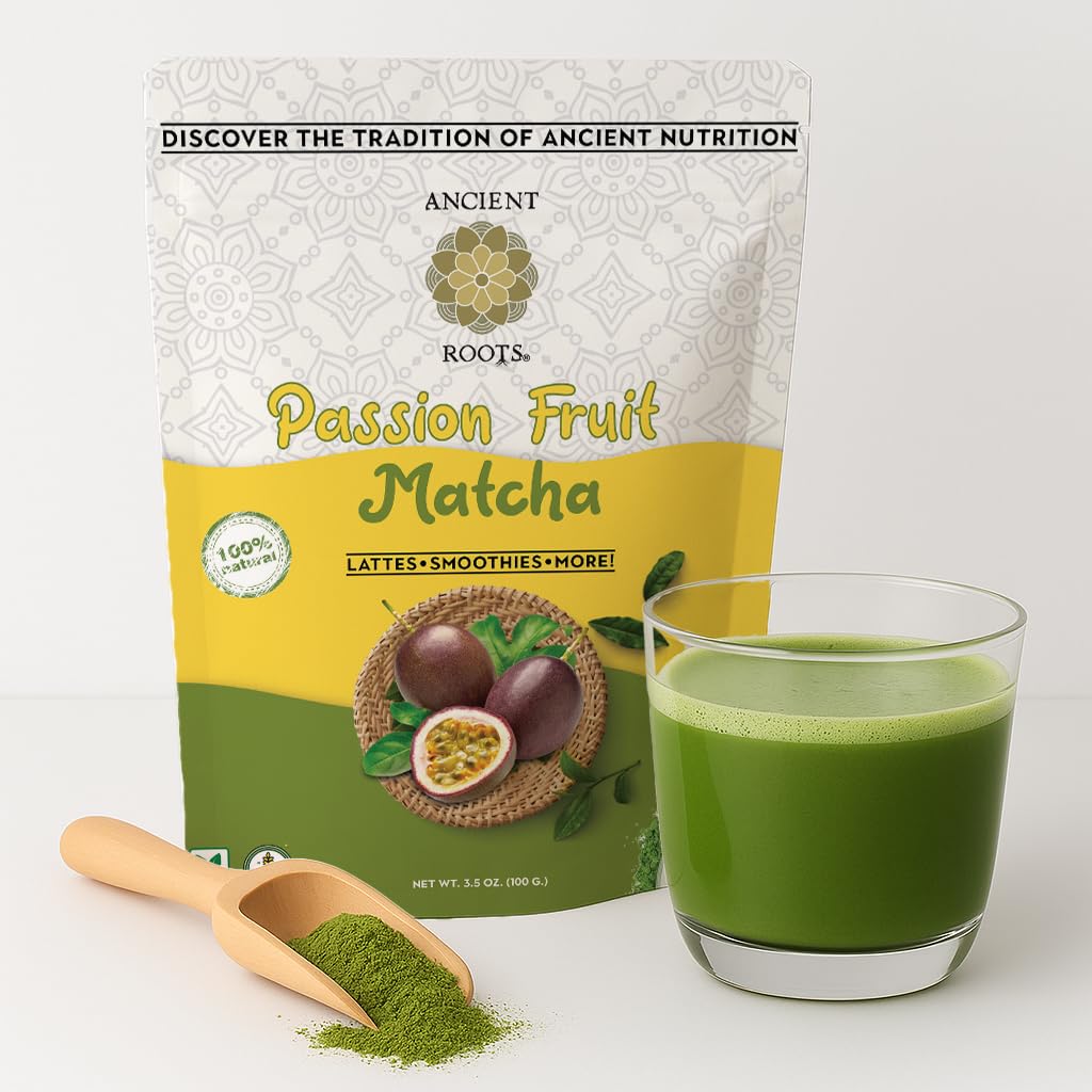 Ancient Roots Passion Fruit Matcha Mix – Organic Green Tea Powder, 3.5 OZ, Vegan, Gluten-Free