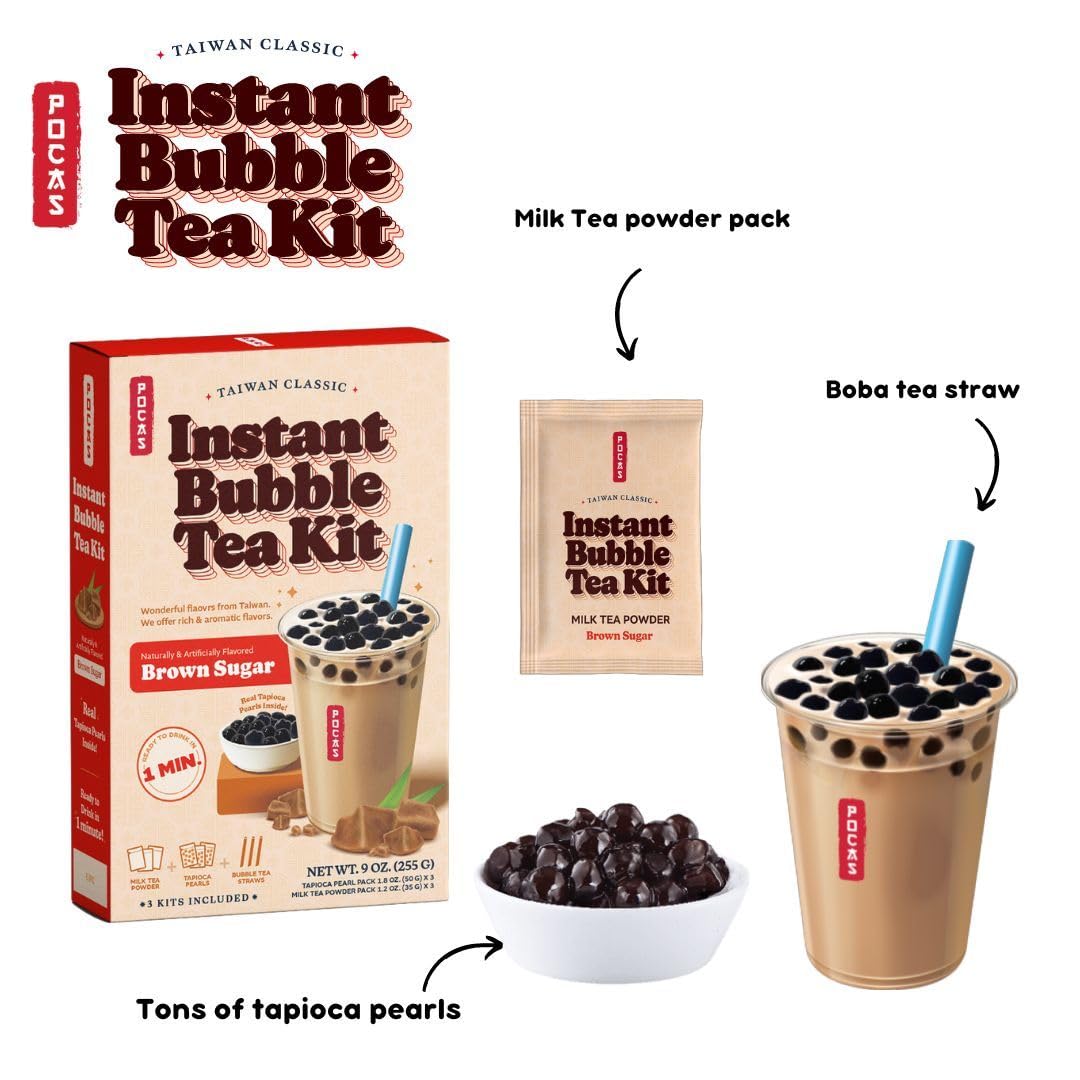 Pocas Bubble Tea Kit, Brown Sugar 2-Pack - Instant Milk Tea Powder with Authentic Tapioca Pearls for Instant Bubble Tea, 10 Kits