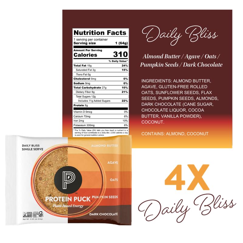 Protein Puck Plant Based Bars, Vegan Protein Snacks, Gluten Free, 16 Count, 2.25 oz, Variety Pack