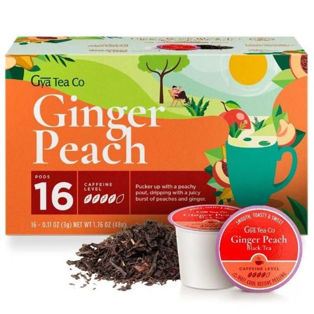 Gya Tea Co Ginger Peach Black Tea Pods, Caffeinated, 16 Count, Enjoy Hot or Iced