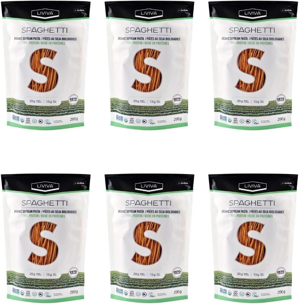 LIVIVA Organic Gluten Free Soybean Spaghetti Noodle Pasta (6 Pk) - 92 g Protein Bag - Certified Plant-Based Non-GMO Kosher Halal