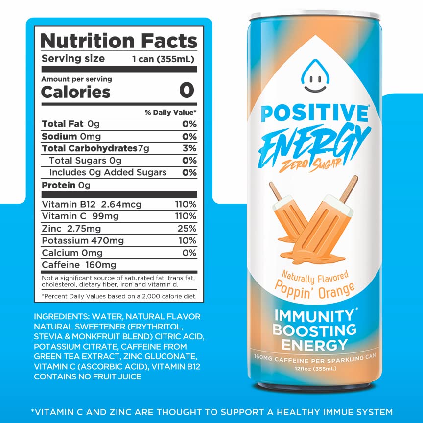Positive Energy Beverage Poppin' Orange | 12-oz Can, Pack of 12 | Zero Sugar Energy Drink, Supports Immunity and Hydration