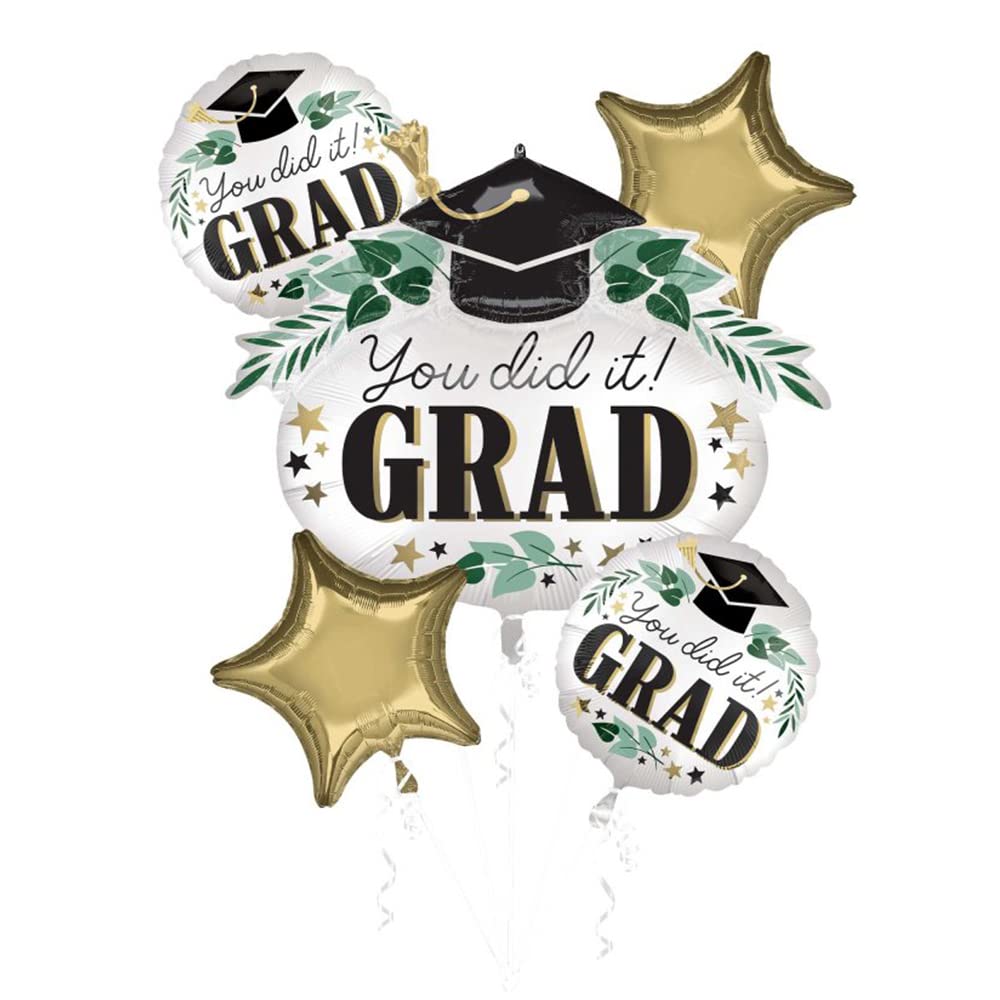 Satin You Did It Grad Ivy Bouquet Graduation 5Pc Foil Balloon Pack, Gold Black Green