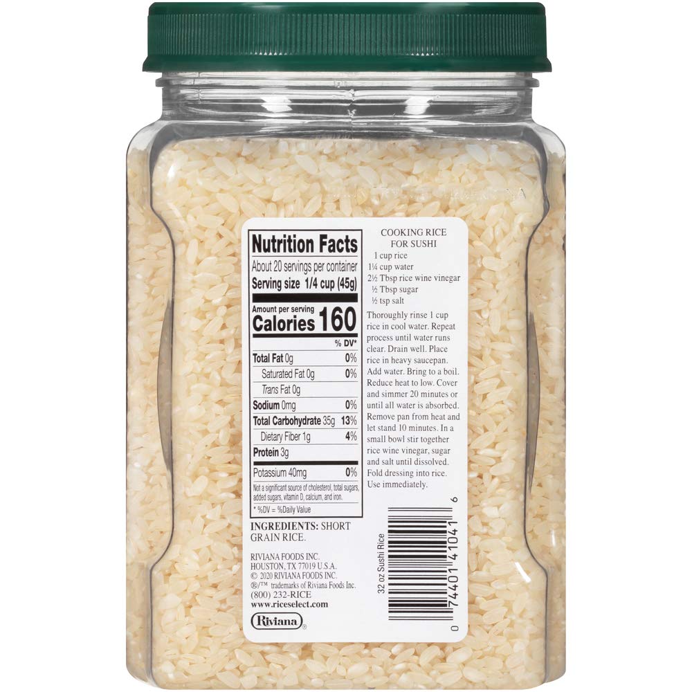RiceSelect Sushi Rice, Short Grain Sticky Rice, Gluten-Free, 32 oz (Pack of 4 Jars), Natural