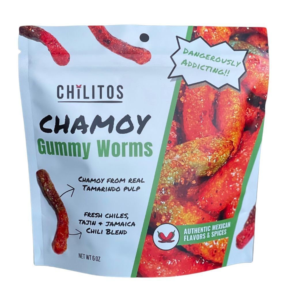 Chilitos Sweet, Sour & Spicy Chamoy Candy - Gummy Worms, 6 oz Bag, Authentic Mexican Dulces Enchilados