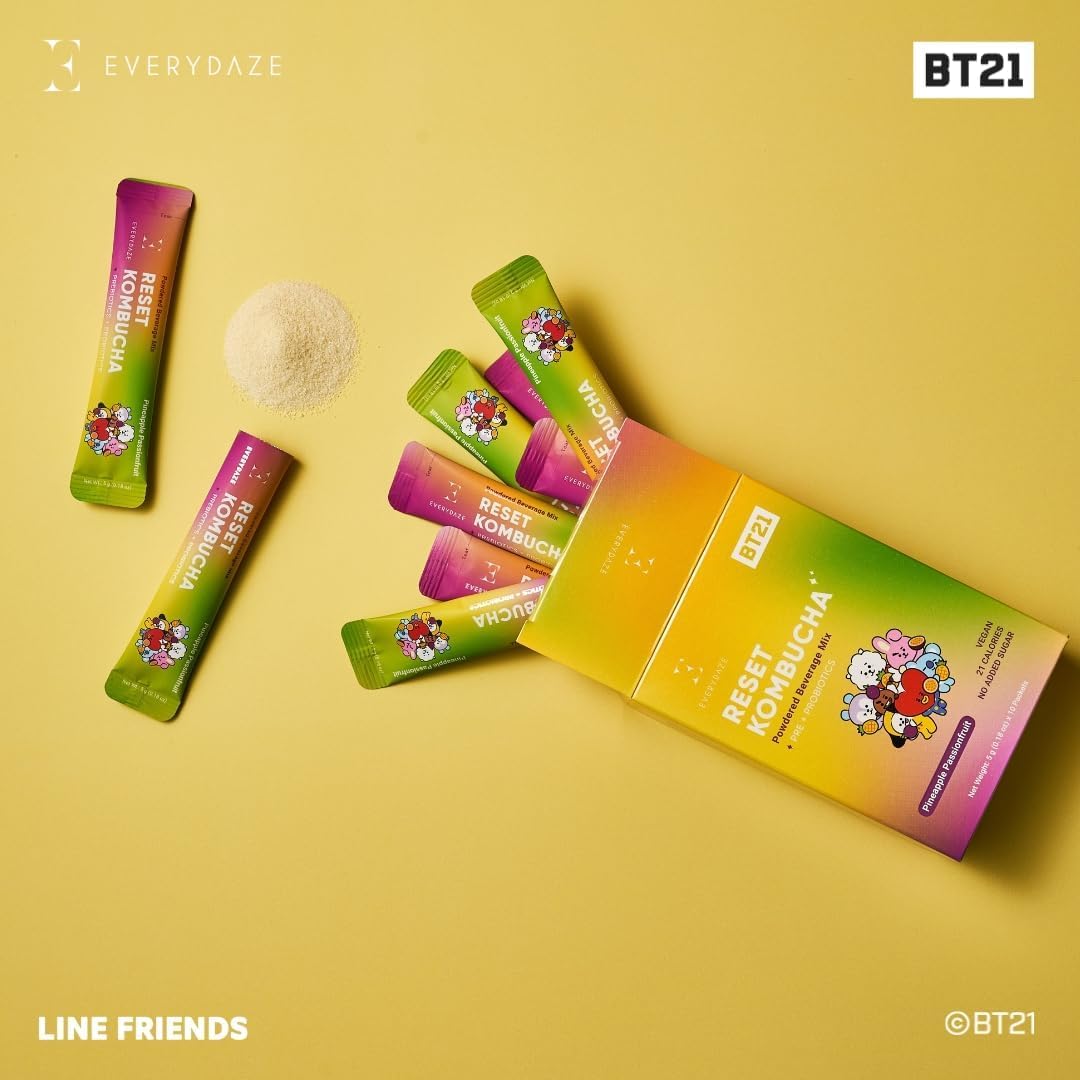 E EVERYDAZE BT21 Kombucha Tea Powder Mix, Vegan, No Added Sugar, 10 Sticks, Pineapple Passion Fruit Flavor, Gluten Free