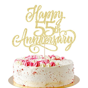 AROKIPPRY golden Glitter Happy 55th Anniversary Cake Topper - for Wedding Anniversary/Company Anniversary Party / 55th Birthday 