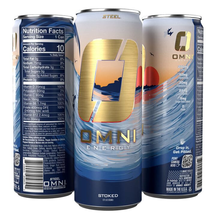 Steel dietary products OMNI Energy Drink Stoked, Sugar-Free, 200mg Caffeine, 12oz, Pack of 12