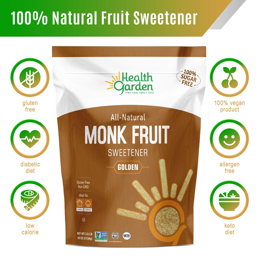 Health Garden Monk Fruit Sweetener, Golden- Non Gmo - Gluten Free - 1:1 Sugar Substitute - Kosher - Keto Friendly (2.5 Lbs)