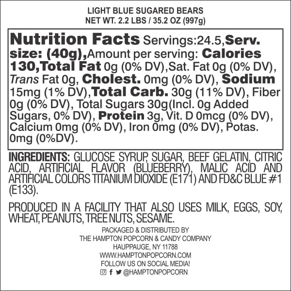 The Hampton Popcorn Company Light Blue Gummy Bears, 2.2 Pound Bag, Blueberry Flavored Candy