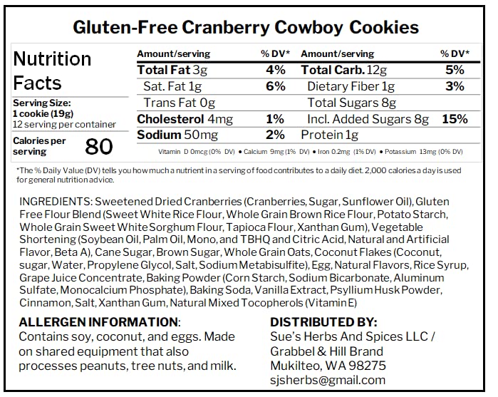 Grabbel & Hill Gluten Free Cranberry Cowboy Cookies. 8 Ounce (Pack Of 12). No Artificial Flavors & Preservatives. Nut & Chocolat