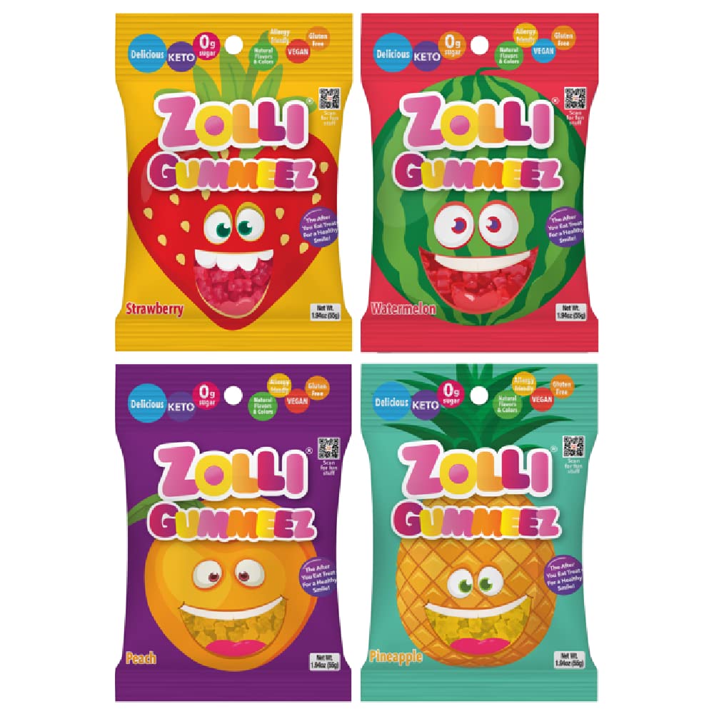 Zolli Gummies Variety - Delicious Zero Sugar, Allergy-Free, KETO, Vegan Clean Teeth Candy - 4 Packs of 1.94oz Each for a Conveni