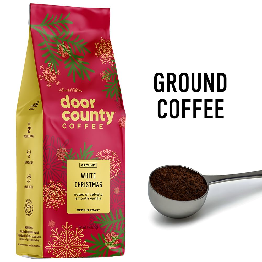 Door County Coffee White Christmas Flavored Coffee Ground - 8oz Bag - Holiday Seasonal - Medium Roast - 100% Specialty Arabica -