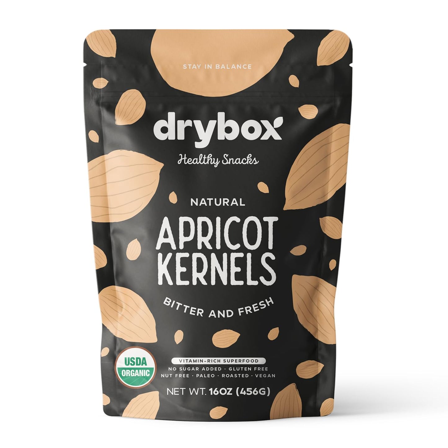 Drybox Bitter Apricot Kernels, Raw, Organic, Non-GMO, Vegan, 16 oz Resealable Bag