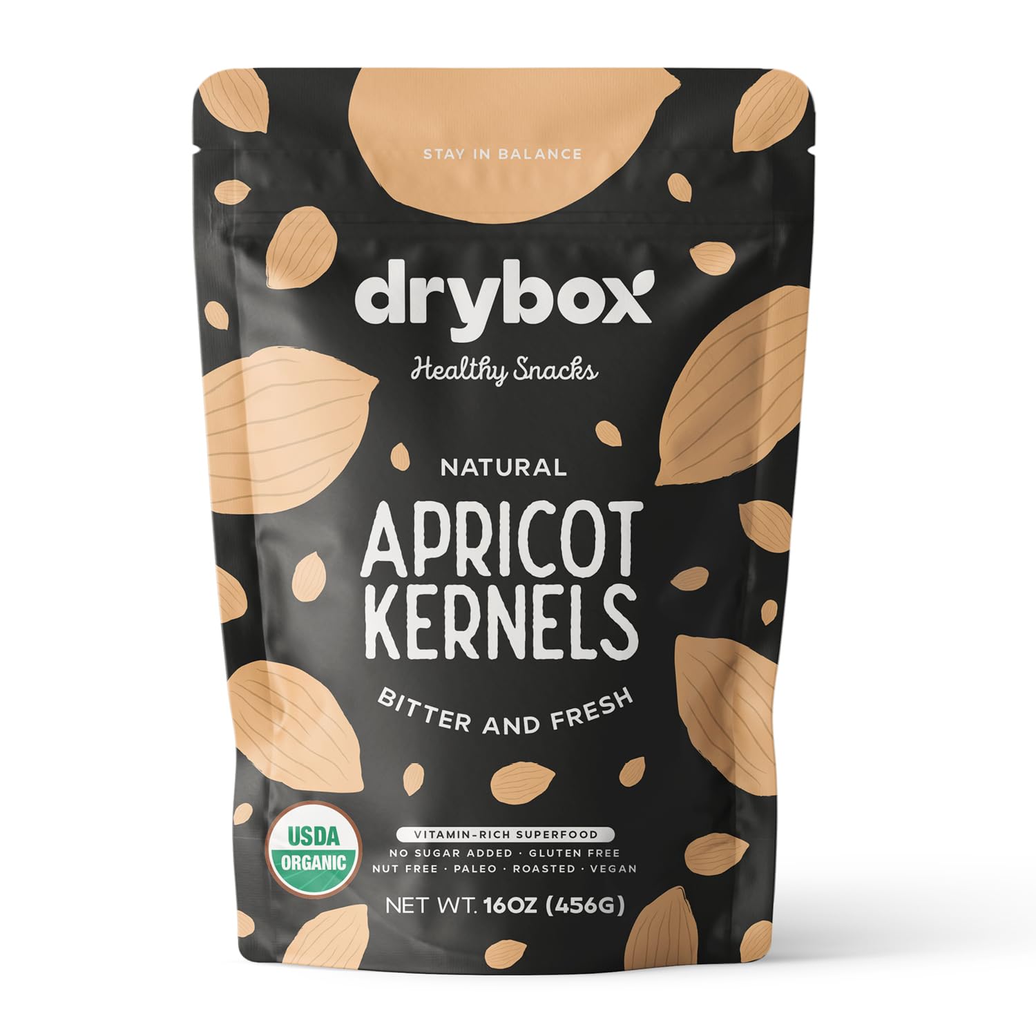 Drybox Bitter Apricot Kernels, Raw, Organic, Non-GMO, Vegan, 16 oz Resealable Bag