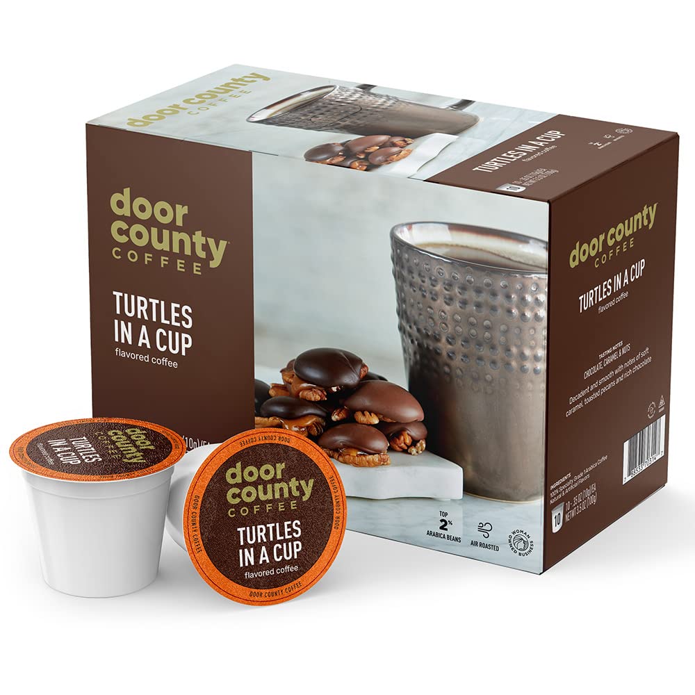 Door County Coffee Turtles In A Cup Flavored Coffee Ground | 10 Count Single Serve Cups | Medium Roast | 100% Specialty Arabica