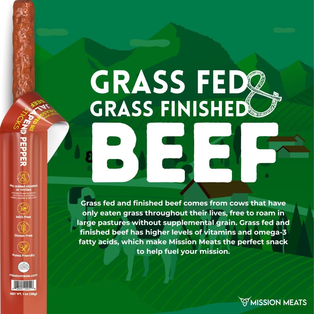 Mission Meats Beef Sticks - 100% Grass Fed & Pasture Raised, Sugar Free, Individually Wrapped Healthy Snacks, Whole 30 & Paleo F