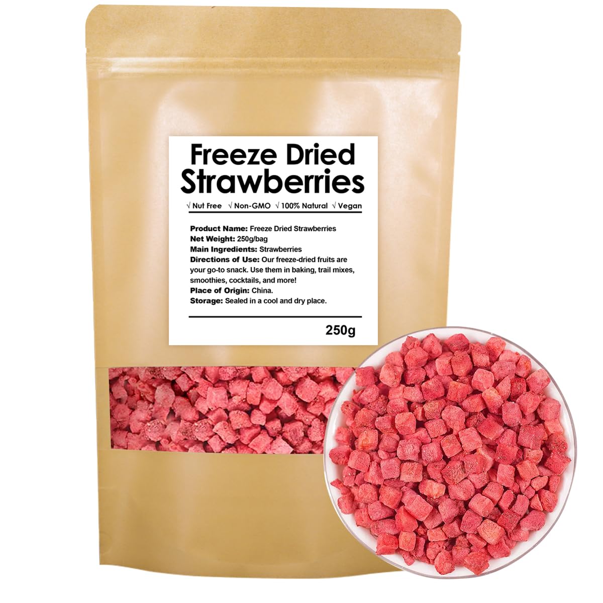 Premium Freeze Dried Strawberries Pieces 8.8 Oz/250g, Crispy Diced Strawberries Dried, 100% Natural & No Additives, No Sugar (8.