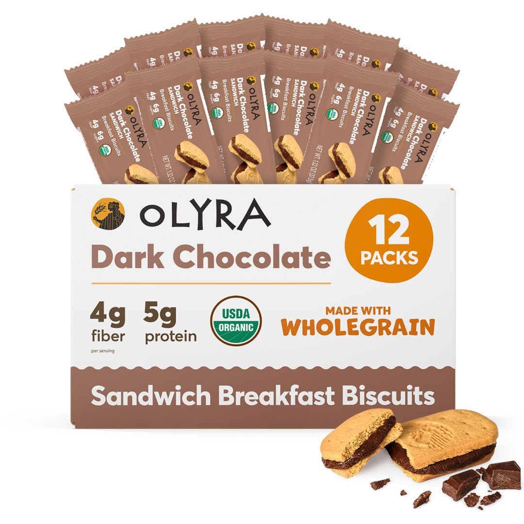 Olyra Dark Chocolate Sandwich Breakfast Biscuits, Organic Vegan, Low Sugar, High Fiber, Pack of 12