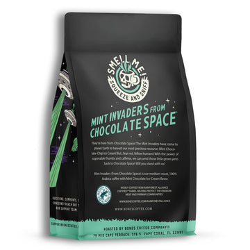 Bones Coffee Company Mint Invaders Ground Coffee Beans, Mint Chocolate Chip Flavor, Low Acid Flavored Coffee, Made With Arabica