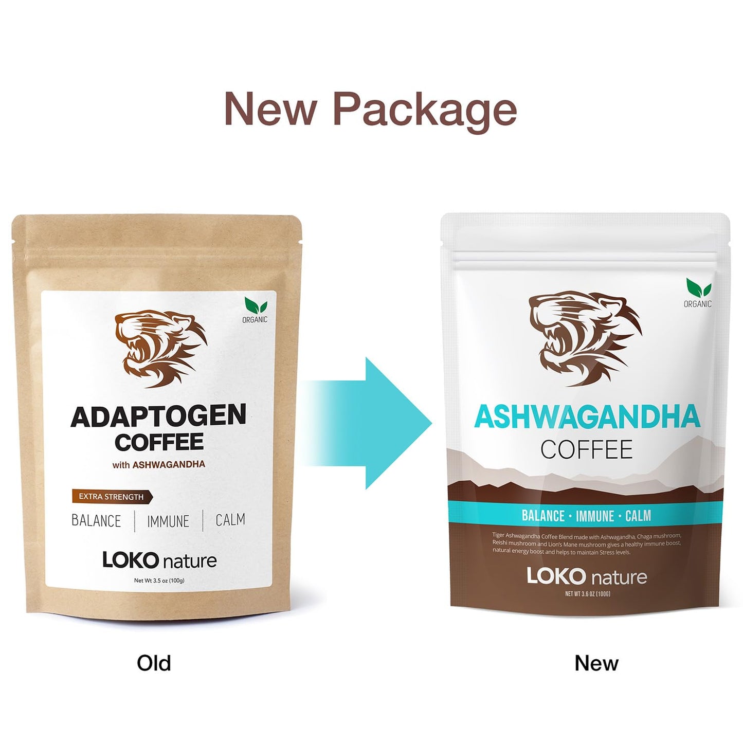 LOKO nature Tiger Ashwagandha Instant Mushroom Coffee - 30 Servings with Reishi, Chaga & Lion's Mane | Vegan, Gluten-Free, Immune Booster