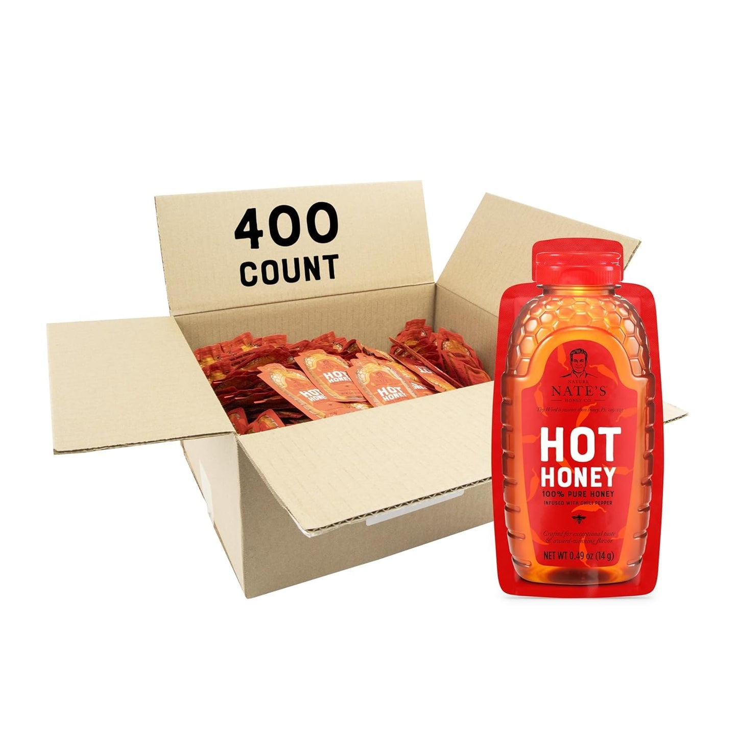 Nates Bulk 400ct Hot Honey Minis - Single-Serve 100% Pure Honey Infused with Habanero Chili Pepper - 0.49oz Packets  400ct box