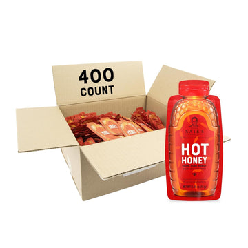 Nates Bulk 400ct Hot Honey Minis - Single-Serve 100% Pure Honey Infused with Habanero Chili Pepper - 0.49oz Packets  400ct box