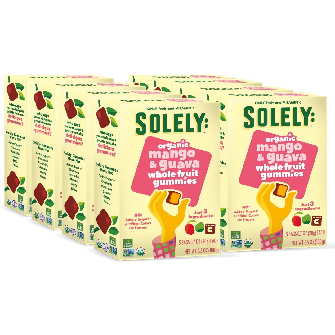 Solely - Organic Mango & Guava Whole Fruit Gummies (Pack Of 8 Boxes, 5 Bags Per Box) - Real Fresh Fruit - Healthy Snacks For Adu