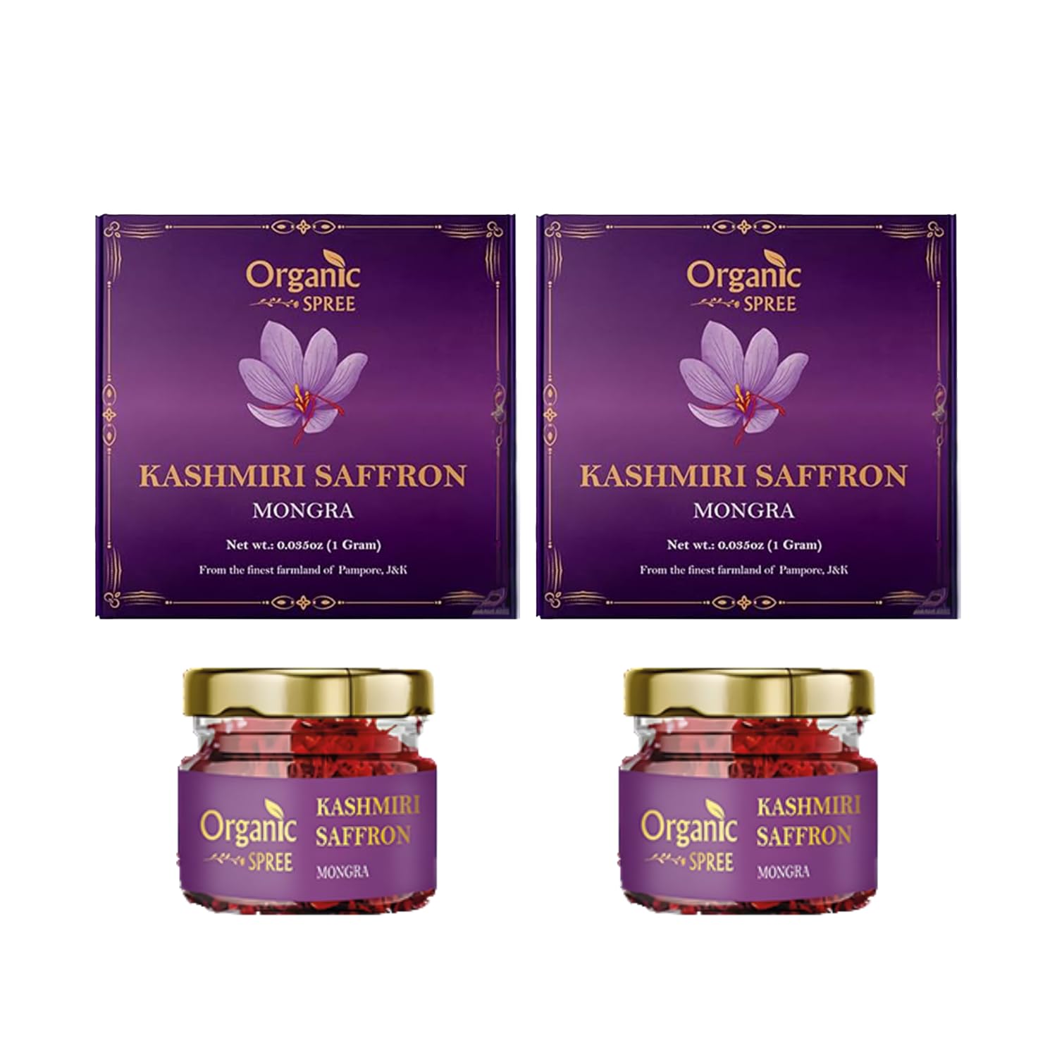 Organic Spree Kashmiri Saffron Kesar, Certified Grade A++, 1gm (0.035oz), Pure and Natural, Pack of 2
