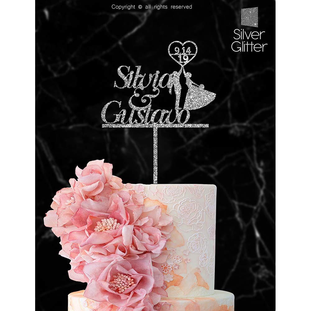 Just Customized Personalized Wedding Cake Topper, Acrylic, Silver Glitter, 1 Count, Customized Bride and Groom Name or Date