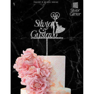 Just Customized Personalized Wedding Cake Topper, Acrylic, Silver Glitter, 1 Count, Customized Bride and Groom Name or Date